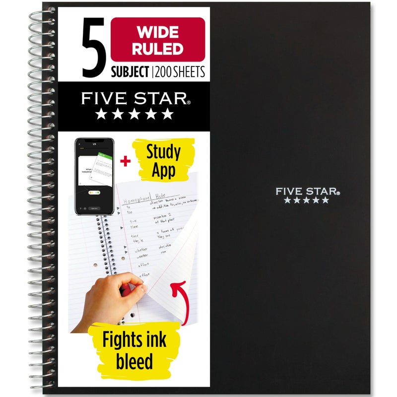 Five Star Spiral Notebook + Study App, 5 Subject, Wide Ruled Paper, 8" x 10-1/2", 200 Sheets, Fights Ink Bleed, Water Resistant Cover, Black (72045) - Image 1